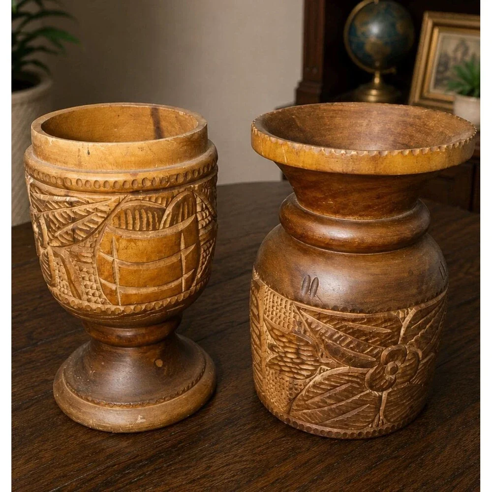 Hand Carved Wooden African Tribal Vase Urn 20” Tall Folk Art Floral Geometric
